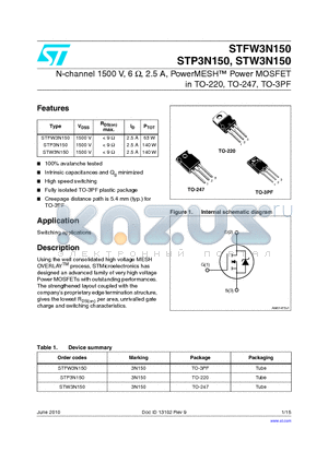 STFW3N150 datasheet - N-channel 1500 V, 6 Y, 2.5 A, PowerMESH Power MOSFET in TO-220, TO-247, TO-3PF