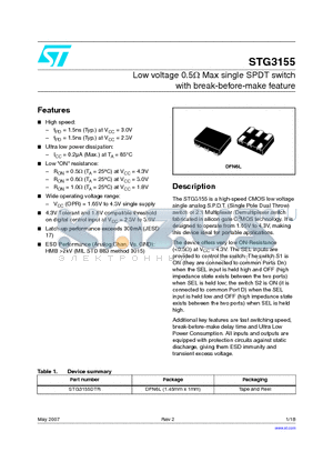 STG3155DTR datasheet - Low voltage 0.5Y Max single SPDT switch with break-before-make feature