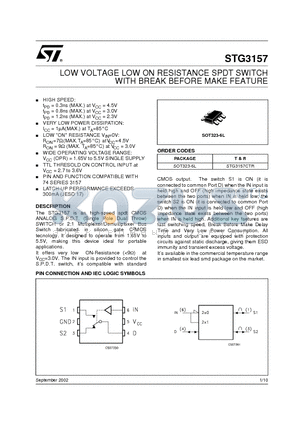 STG3157 datasheet - LOW VOLTAGE LOW ON RESISTANCE SPDT SWITCH WITH BREAK BEFORE MAKE FEATURE