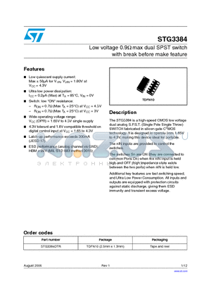 STG3384 datasheet - Low voltage 0.9Y max dual SPST switch with break before make feature