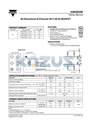 SI8902EDB datasheet - Bi-Directional N-Channel 20-V (D-S) MOSFET