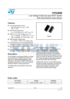 STG3689 datasheet - Low Voltage 0.9Y max dual SPDT Switch with break-before-make feature