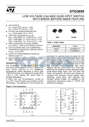 STG3699 datasheet - LOW VOLTAGE 0.5Y MAX QUAD SPDT SWITCH WITH BREAK BEFORE MAKE FEATURE