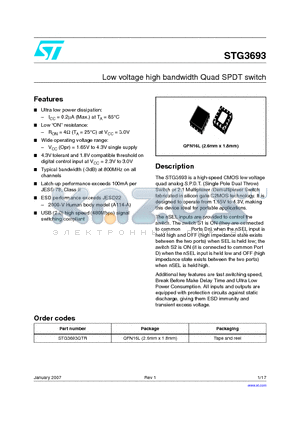 STG3693QTR datasheet - Low voltage high bandwidth Quad SPDT switch