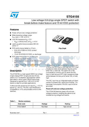 STG4158 datasheet - Low voltage 0.6 Y typ single SPDT switch with break-before-make feature and 15 kV ESD protection