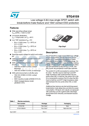 STG4159 datasheet - Low voltage 0.3Y max single SPDT switch with break-before-make feature and 10kV contact ESD protection