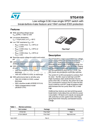 STG4159BJR datasheet - Low voltage 0.3Y max single SPDT switch with break-before-make feature and 10kV contact ESD protection