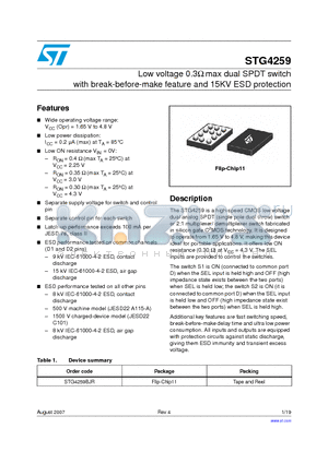 STG4259 datasheet - Low voltage 0.3Y max dual SPDT switch with break-before-make feature and 15KV ESD protection