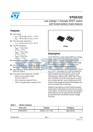 STG5123 datasheet - Low voltage 1 Y single SPDT switch with break-before-make feature