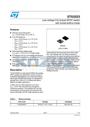 STG5223QTR datasheet - Low voltage 0.5 Y dual SPDT switch with break-before-make