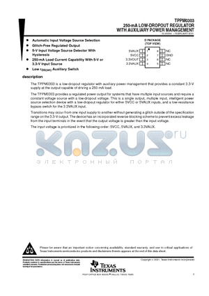 TPPM0303 datasheet - 250-mA LOW-DROPOUT REGULATOR WITH AUXILIARY POWER MANAGEMENT