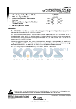 TPPM0303D datasheet - 250-mA LOW-DROPOUT REGULATOR WITH AUXILIARY POWER MANAGEMENT