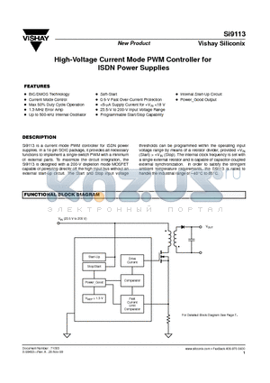 SI9113 datasheet - High-Voltage Current Mode PWM Controller for ISDN Power Supplies