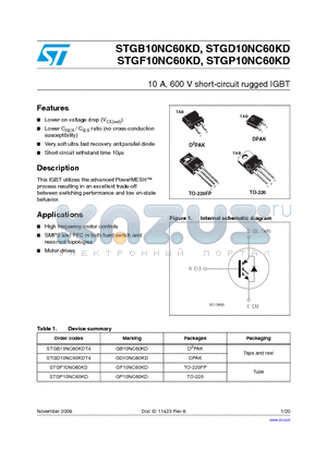 STGB10NC60KD datasheet - 10 A, 600 V short-circuit rugged IGBT