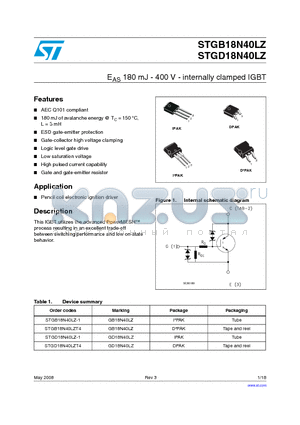 STGB18N40LZ-1 datasheet - EAS 180 mJ - 400 V - internally clamped IGBT