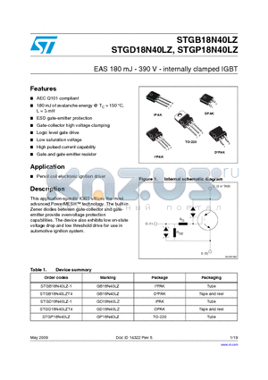 STGB18N40LZT4 datasheet - EAS 180 mJ - 390 V - internally clamped IGBT