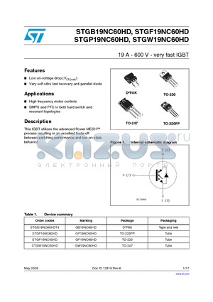 STGB19NC60HD_09 datasheet - 19 A - 600 V - very fast IGBT