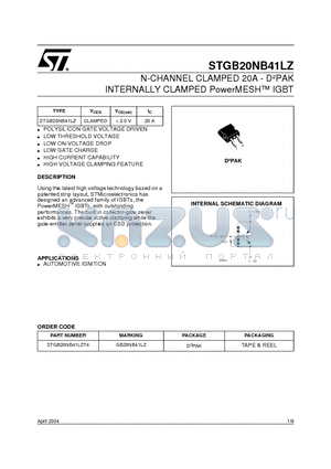 STGB20NB41LZT4 datasheet - N-CHANNEL CLAMPED 20A - DPAK  INTERNALLY CLAMPED PowerMESH IGBT