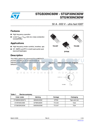 STGB30NC60WT4 datasheet - 30 A - 600 V - ultra fast IGBT