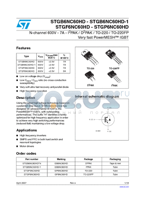 STGB6NC60HD-1 datasheet - N-channel 600V - 7A - I2PAK / D2PAK / TO-220 / TO-220FP Very fast PowerMESH IGBT