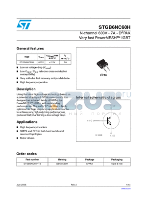 STGB6NC60HT4 datasheet - N-channel 600V - 7A - D2PAK Very fast PowerMESH TM IGBT