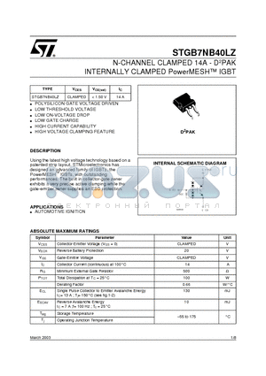 STGB7NB40LZ datasheet - N-CHANNEL CLAMPED 14A - D2PAK INTERNALLY CLAMPED PowerMESH IGBT