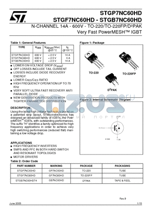 STGB7NC60HDT4 datasheet - N-CHANNEL 14A - 600V - TO-220/TO-220FP/DPAK Very Fast PowerMESH IGBT