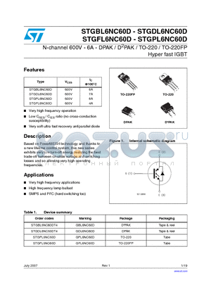 STGBL6NC60D datasheet - N-channel 600V - 6A - DPAK / D2PAK / TO-220 / TO-220FP Hyper fast IGBT