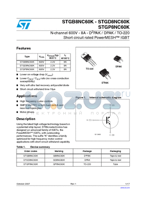 STGB8NC60K datasheet - N-channel 600V - 8A - D2PAK / DPAK / TO-220 Short circuit rated PowerMESH  IGBT