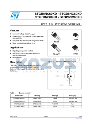 STGB8NC60KDT4 datasheet - 600 V - 8 A - short circuit rugged IGBT