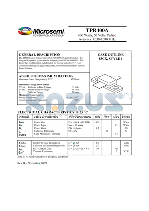 TPR400A datasheet - 400 Watts, 50 Volts, Pulsed Avionics 1030-1090 MHz