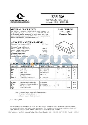 TPR700 datasheet - 700 Watts, 50 Volts, Pulsed Avionics 1030 - 1090 MHz