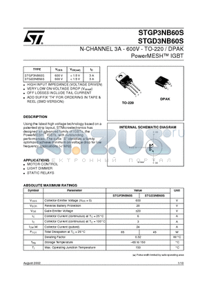 STGD3NB60S datasheet - N-CHANNEL 3A - 600V - TO-220 / DPAK PowerMESH IGBT