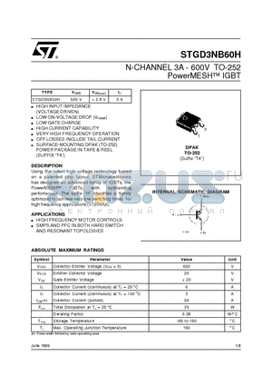 STGD3NB60H datasheet - N-CHANNEL 3A - 600V TO-252 PowerMESH  IGBT