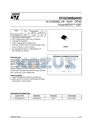 STGD3NB60HD datasheet - N-CHANNEL 6A - 600V - DPAK PowerMESH TM IGBT