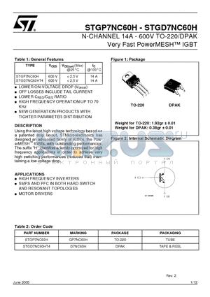 STGD7NC60HT4 datasheet - N-CHANNEL 14A - 600V TO-220/DPAK Very Fast PowerMESH IGBT