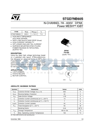 STGD7NB60S datasheet - N-CHANNEL 7A - 600V DPAK Power MESH  IGBT