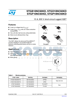 STGF10NC60KD datasheet - 10 A, 600 V short-circuit rugged IGBT