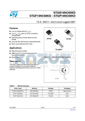 STGF14NC60KD datasheet - 14 A - 600 V - short circuit rugged IGBT