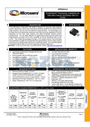 UPP9401E3 datasheet - POWERMITE TM PACKAGE COMMERCIAL TWO-WAY RADIO ANTENNA SWITCH DIODE