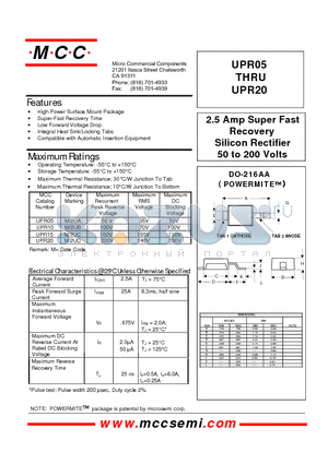 UPR05 datasheet - 2.5 Amp Super Fast Recovery Silicon Rectifier 50 to 200 Volts