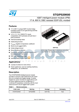 STGIPS20K60 datasheet - IGBT intelligent power module (IPM) 17 A, 600 V, DBC isolated SDIP-25L molded