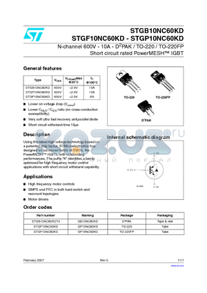 STGP10NC60KD datasheet - N-channel 600V - 10A - D2PAK / TO-220 / TO-220FP Short circuit rated PowerMESH TM IGBT