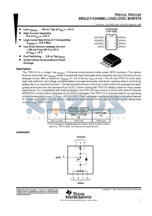 TPS1110DR datasheet - SINGLE P-CHANNEL LOGIC-LEVEL MOSFETS