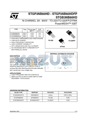 STGP3NB60HDFP datasheet - N-CHANNEL 3A - 600V - TO-220/TO-220FP/D2PAK PowerMESH TM IGBT