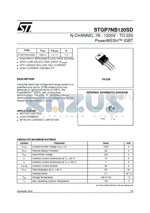 STGP7NB120SD datasheet - N-CHANNEL 7A - 1200V - TO-220 PowerMESH IGBT