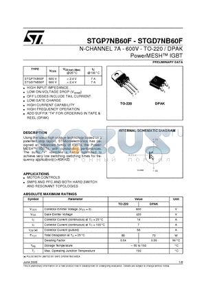 STGP7NB60F datasheet - N-CHANNEL 7A - 600V - T0-220 / DPAK PowerMESH IGBT