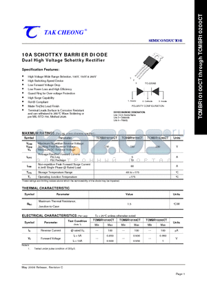 TCMBR10100CT datasheet - 10A SCHOTTKY BARRIER DIODE Dual High Voltage Schottky Rectifier