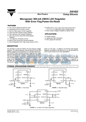 SI91822DB datasheet - Micropower 300-mA CMOS LDO Regulator With Error Flag/Power-On-Reset