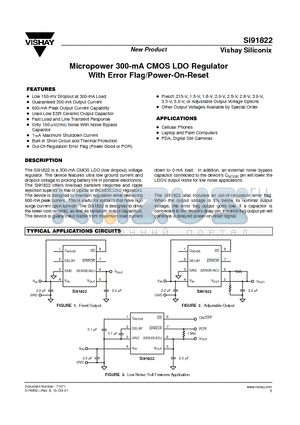 SI91822DH-25-T1 datasheet - Micropower 300-mA CMOS LDO Regulator With Error Flag/Power-On-Reset